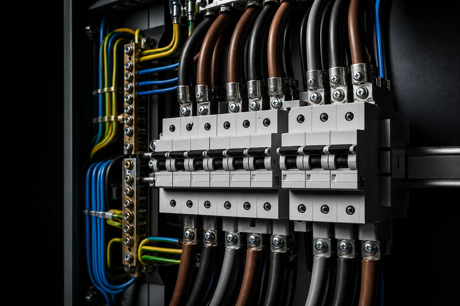Three-phase electrical distribution board with coloured cabling and circuit breakers